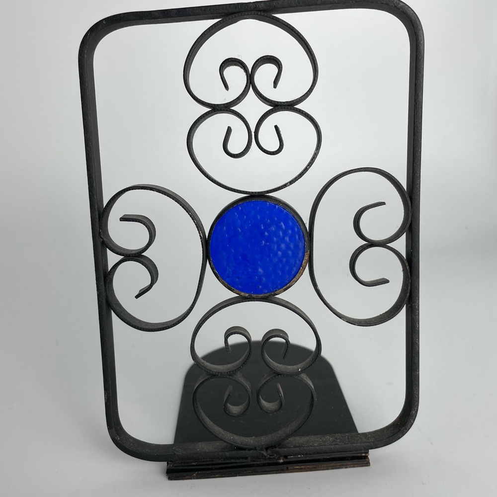 Unique Vintage Wrought Iron Bookend with Blue Glass